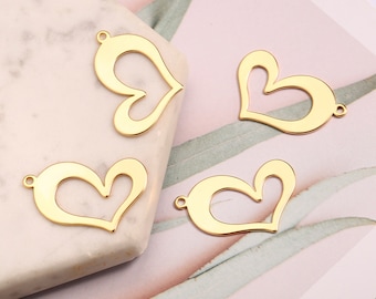 18k Shiny Gold Heart Charm, 6Pcs Lovely Heart Pendant, Hollow Heart Pendants, (29x15mm)Heart Charms, Heart Earrings,Jewelry Making,AWW-P1268