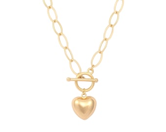 Collier coeur en or, collier love, grand collier coeur poli, collier à maillons plaqué or 18 carats, collier à maillons délicats, AWW-XJ1076