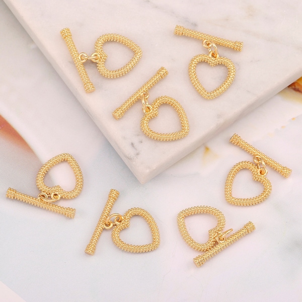 5Pcs 18k Gold Plated Toggle Clasp, Heart Toggle Clasps, 16x13mm Ring 20mmT Bar, Gold Toggle Clasp,Bracelet Necklace OT Toggle Clasp,AWW-P630