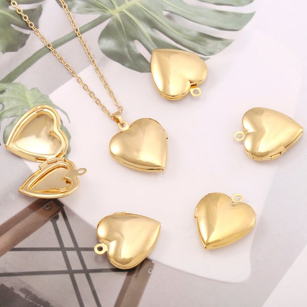 5Pcs Dainty Gold Heart Locket Charms,23X19mm Polished Heart Locket Pendant,18k Gold Plated Photo Locket Charm,DIY Vintage Necklace,AWW-P576