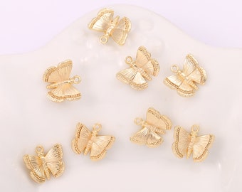 10 Blue Butterfly Charms Gold Tone Enamel Rhinestone Pendants 21mm Findings