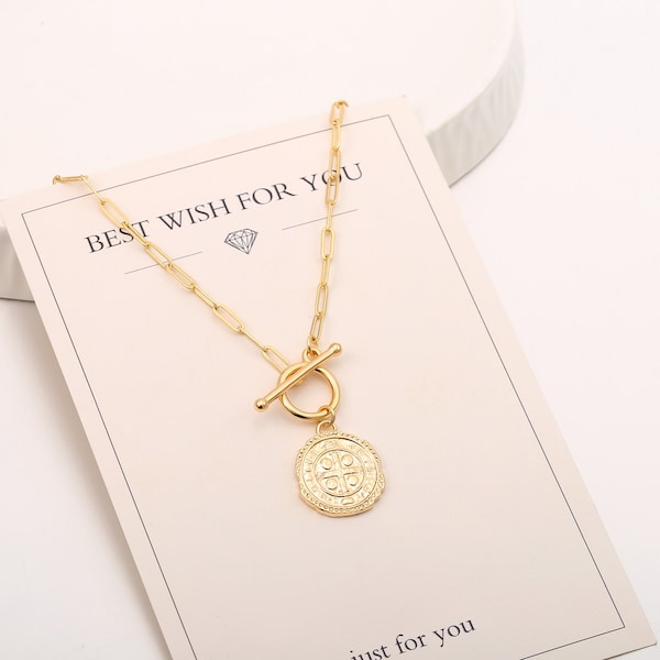 Vintage Gold Coin Necklace, 18K Gold Plated Cross Necklace With Toggle Clasp, Cross Medallion Necklace, Catholic Roman Necklace, AWW-XJ1109