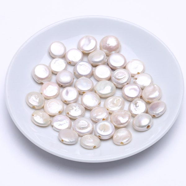 10PCS DIY Handmade Jewelry Making,AA 12mm-13mm Natural Freshwater Pearl, 2.0mm Large Hole White Coin Pearl, Loose Beads Pearls, AWW-D023