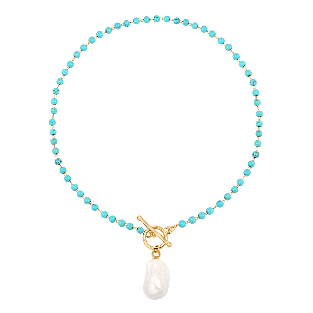 Big Baroque Pearl Pendant Necklace Bohemian Turquoise Beaded 18K Gold ...