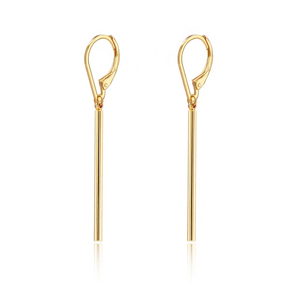 Gold Bar Drop Earring,18k Shiny Gold Bar Earrings,Dangle Long Bar Earrings,Leverback Hoop Earring,Skinny Bar Earrings for Women,AWW-RH367