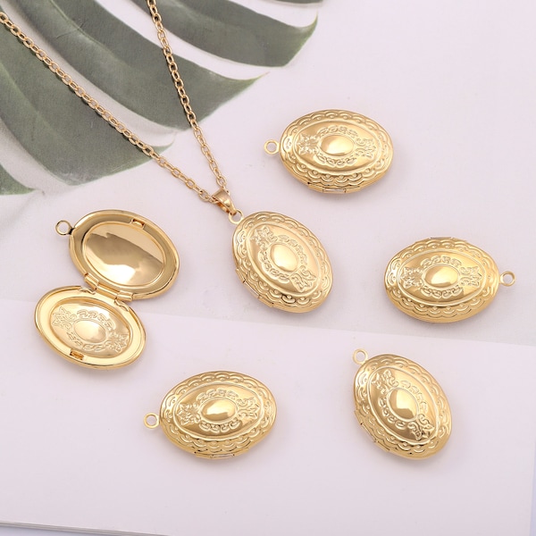 18k Glänzende Gold Medaillon Charm Anhänger,5Stk zierliche ovale Medaillon Anhänger Bulk,Foto Medaillon Charms,DIY Medaillon Halskette,Schmuckzubehör,AWW-P575