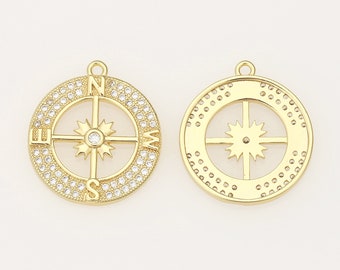 4Pcs Dainty Compass Charm,18k Shiny Gold Compass Pendant,Micro Pave CZ Compass Charm Necklace,Travel Charms,Nautical Charms,21x19mm,AWW-P500