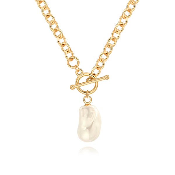 Large Baroque Pearl Pendant Necklace, 18k Gold Chunky Chain Link Necklace for Women, Statement Necklace with Toggle Clasp.AWW-XJ1249