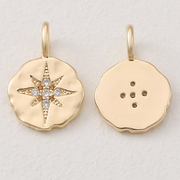 18k Gold Shiny Starburst Star Textured Coin Charm,5Pcs Dainty CZ Micro Pave Coin Charm,Celestial Medallion Charm Pendant,North Star,AWW-P381