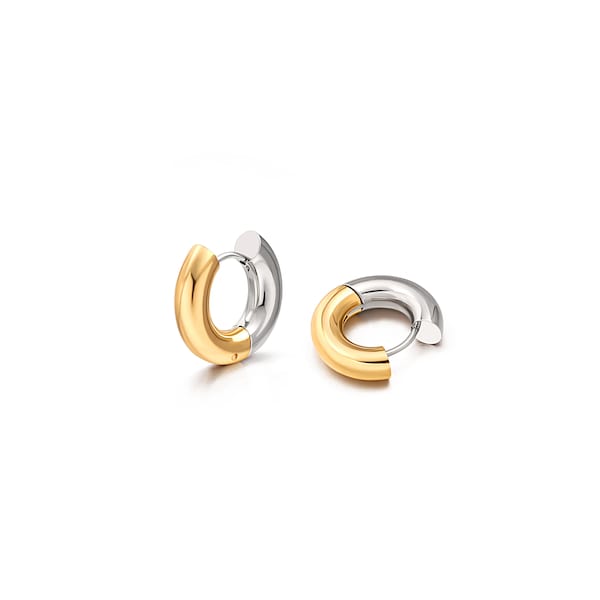 Boucles d'oreilles bicolores pour femme créoles en or et argent Petites créoles Huggie pour femme adolescente AWW-RH466