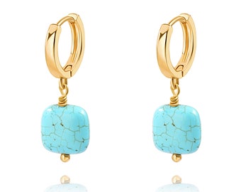 Boucles d'oreilles pendantes carrées turquoise en or 18 carats Boucles d'oreilles pendantes faites main Boho délicates faites main pour femme,AWW-RH461