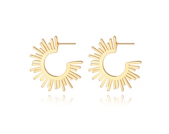 18k Gold Sun Hoop Earrings, Sunburst Stud Earrings for Women Trendy, Lightweight Statement Spike Earrings.AWW-RH430