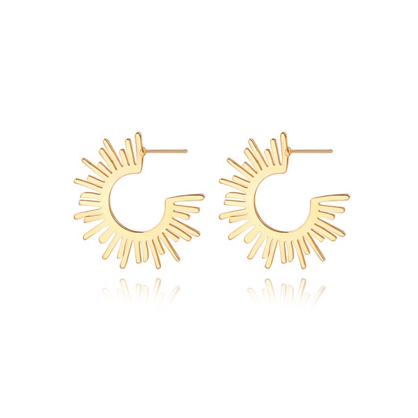 18k Gold Sun Hoop Earrings, Sunburst Stud Earrings for Women Trendy, Lightweight Statement Spike Earrings.AWW-RH430