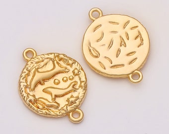 18K Shiny Gold Zodiac Horoscope Connectors Charm, 6Pcs Horoscope Sign Coin Medallion Pendant, Pisces Pendants, Bracelet Connector, AWW-P307