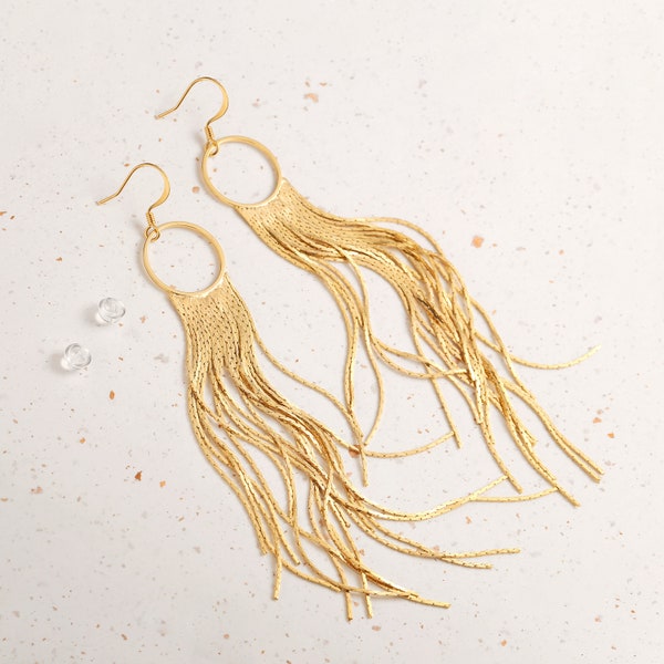 Long Tassel Earrings,18k Shiny Gold Chain Fringe Earrings,Long Drop Earrings for Women,Circle Tassel Dangle Earrings,Boho Earring,AWW-RH382