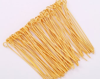 50Pcs Eye Pins, 18k Gold Plated Eye Pin, 45mm Eye Pins, 2mm Hole Eye Pin, Gold Eye Pins Jewelry Findings, Eye Headpins, Bulk, AWW-P607