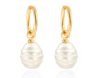 18K Gold Plated Endless Small Hoops Big Simulated Pearl Earring,Oval Rice Shape Pearl Drop Dangle Earring for Women.AWW-RH421