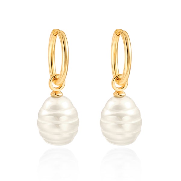 18K Gold Plated Endless Small Hoops Big Simulated Pearl Earring,Oval Rice Shape Pearl Drop Dangle Earring for Women.AWW-RH421