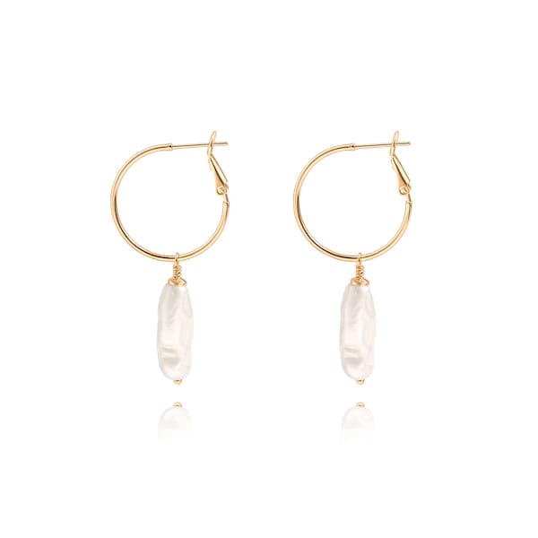 Pearl Drop Earrings,18k Plated Gold Hoop Earrings,Baroque Bar Pearl Dangle Earrings,Wedding Earrings,Bridal Earrings,Gift for Her,AWW-RH405