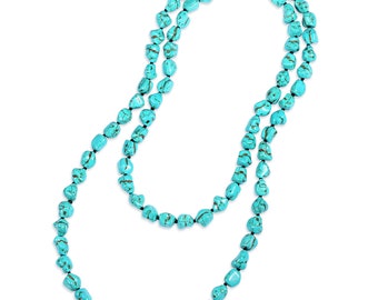 Aobei Pearl Long Turquoise Beaded Necklace Boho Blue Howlite Beads Endless Necklace Hand-knotted Gemstone Jewelry for Women 47''  AWW-XJ1330