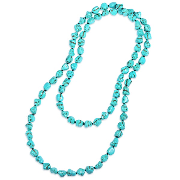 Aobei Pearl Long Turquoise Beaded Necklace Boho Blue Howlite Beads Endless Necklace Hand-knotted Gemstone Jewelry for Women 47''  AWW-XJ1330