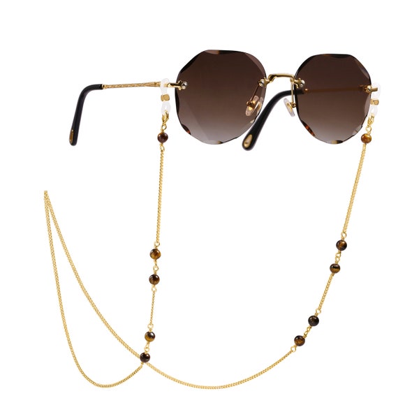 Dainty Gold Glasses Chain, Tiger Eye Sunglasses Chain,18k Gold Plated Cuban Chain Glasses Chains,Gemstone Beaded Eyewear Chain,AWW-XJ1152