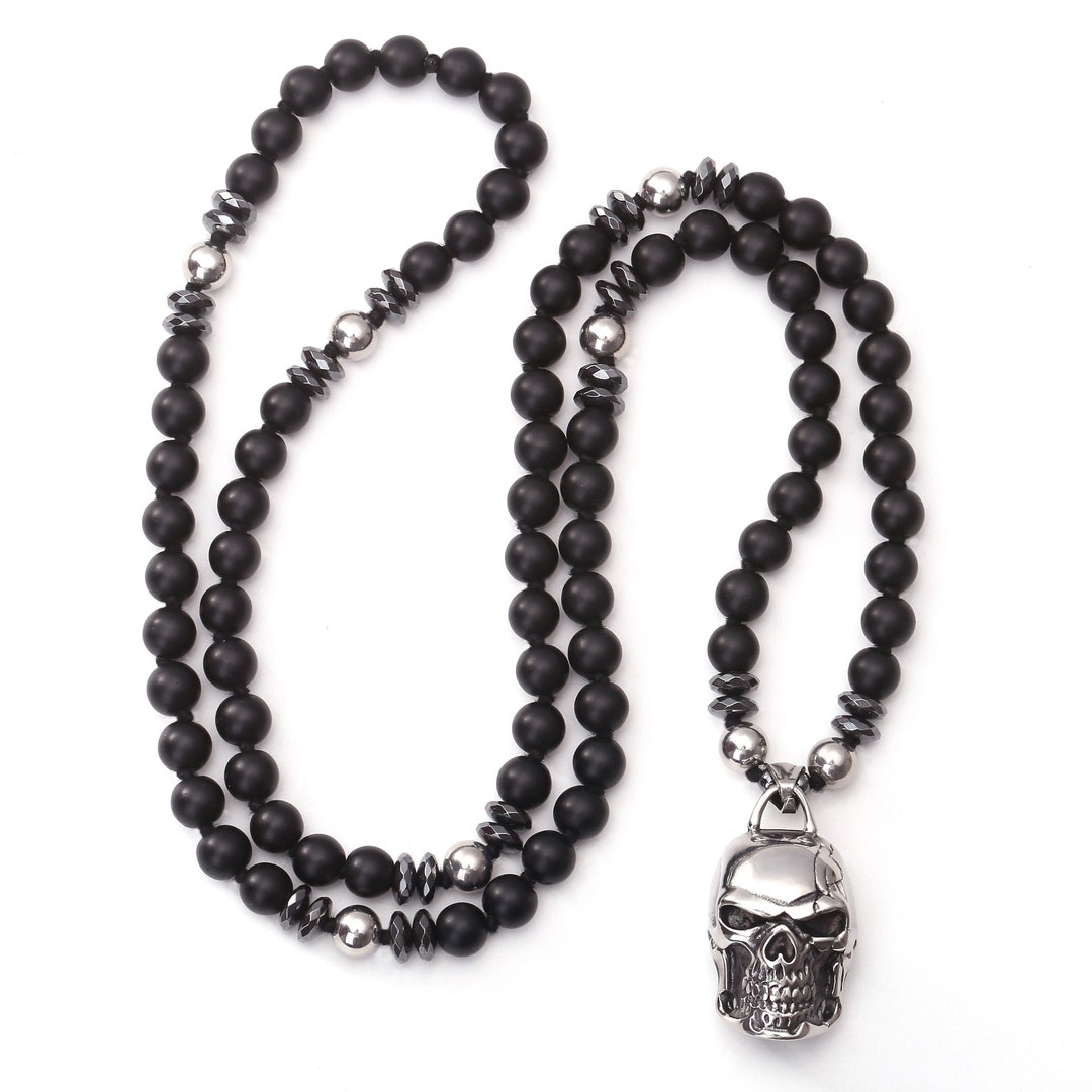 Gothic Style Mens Black Onyx Beads Chain Necklacestainless Etsy