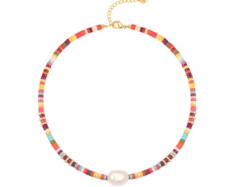 Rainbow Beaded Necklace,Tile Choker Necklaces,Colorful Tila Tile Beads Choker,Pearl Necklace,Boho Beaded Choker,Beach Jewelry,AWW-XJ1193