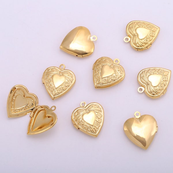 18k Shiny Gold Heart Locket Charms,5Pcs Antique Pattern Heart Picture Locket Pendant,(23x19mm) Souvenir Photo Locket Charm Necklace,AWW-P583