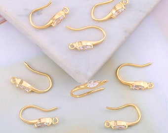 4 PCs Gold color Cubic zirconia Earring hooks,gold plated earring hook,golden ear hooks,rhinestone ear hook,brass ear hook,earring setting