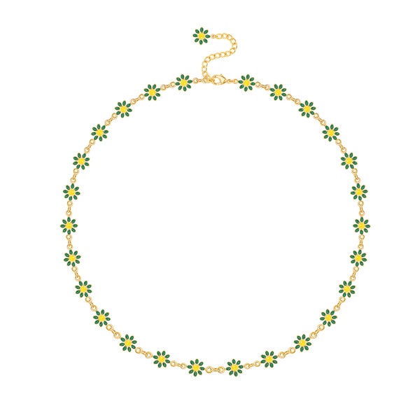 Daisy Necklace,Tiny Daisy Flower Choker Necklace,Green Daisy Choker,Cute Daisy Bead Necklace,Enamel Floral Necklace for Women 16”,AWW-XJ1235