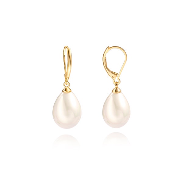 Pearl Drop Earrings,White Shell Pearl Earrings,18k Gold Plated Leverback Earrings,Teardrop Pearl Earrings,Wedding Bridal Earrings,AWW-RH408