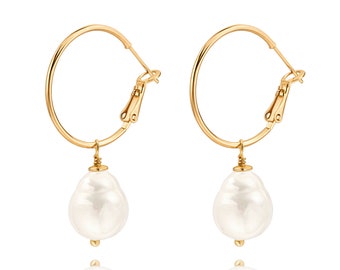 18K Gold Plated Huggie Hoop Earrings, Boho Baroque Pearl Drop Dangle Earrings, Lightweight Handmade Jewelry for women.AWW-RH426