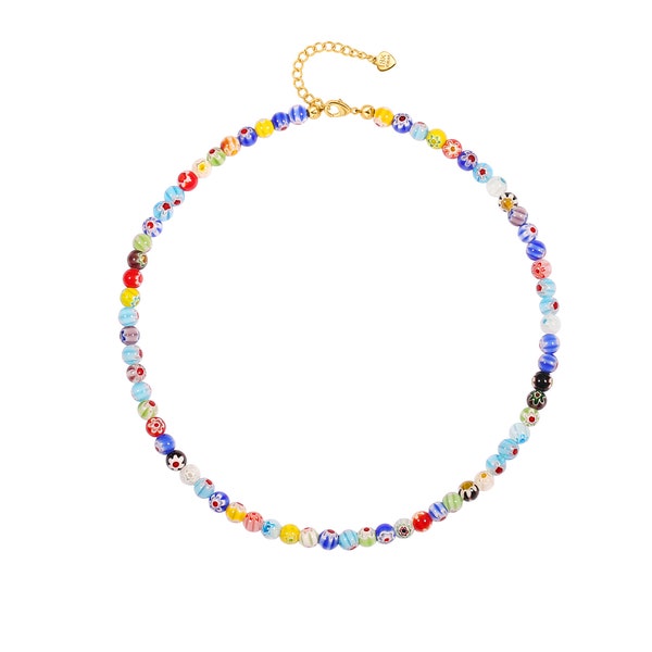 Murano Glass Millefiori Necklace Muticolor Crystal Beaded Choker Necklace for Women Trendy Cute Flower Dainty Gold Necklaces ,AWW-XJ1297