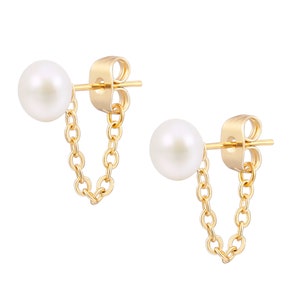 Freshwater Pearl Chain Stud Earrings,Gold Chain Stud,Whiter Button Pearl Stud,Dangling Chain Earring,18K Gold Earrings for Women, AWW-RH306
