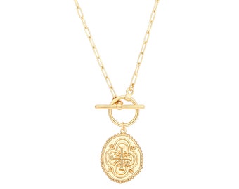 Dainty Cross Necklace, Gold Coin Necklace, 18k Gold Plated Cross Medallion Necklace, Ancient Greek Necklace, Religious Jewelry, AWW-XJ1055