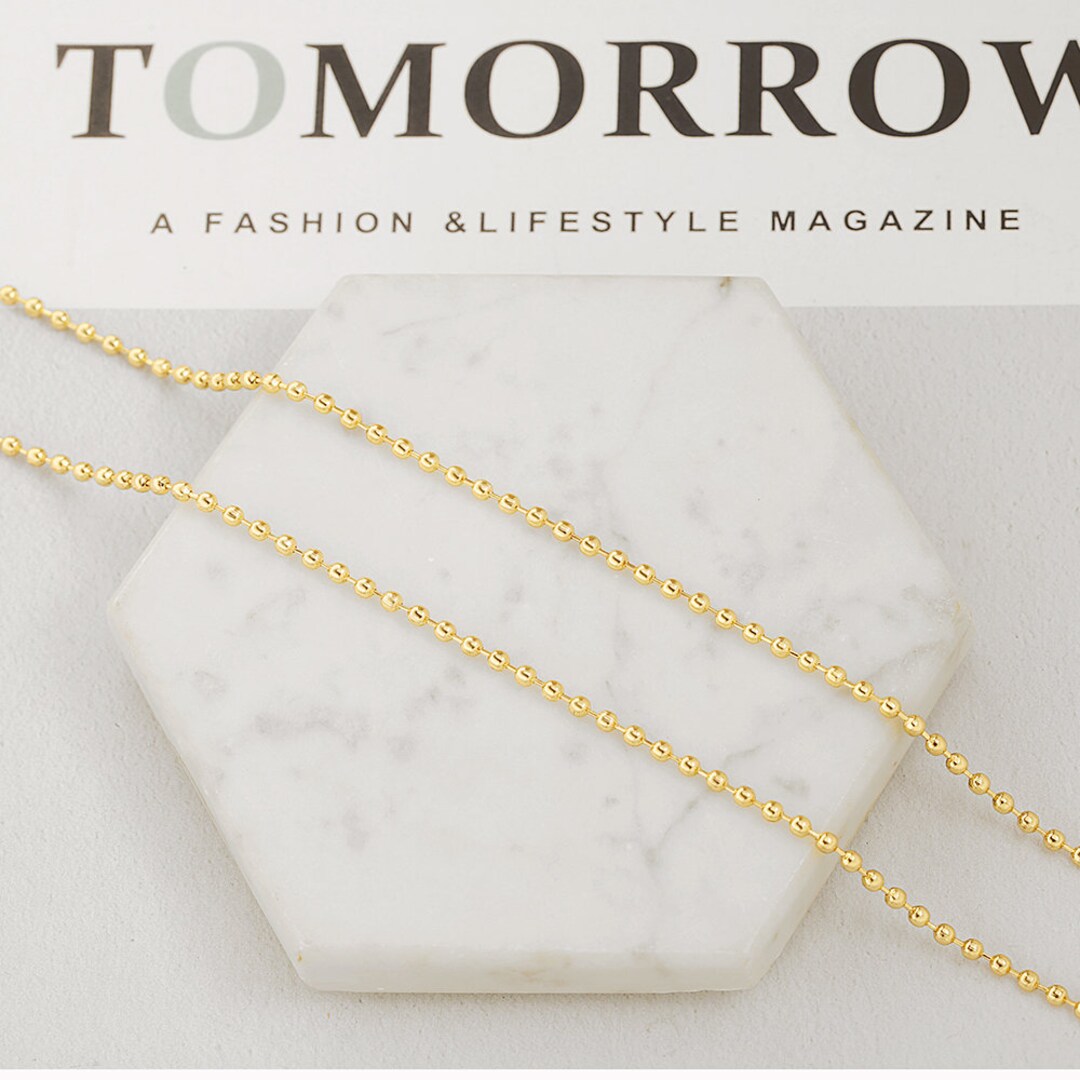 18K Gold Plated Shiny Chian, 2mm Gold Bead Chain, 2 Meter 6.6FT Shiny