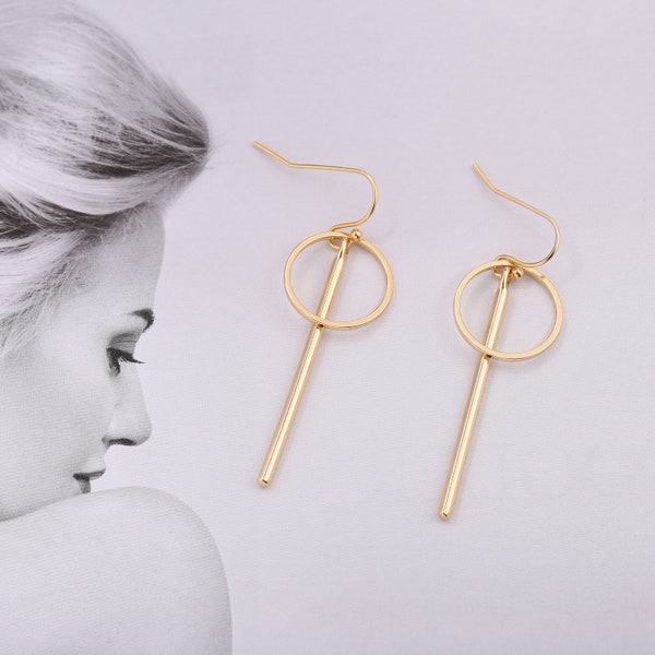 Circle Earrings,Hoop Drop Dangle Earrings,18k Gold Bar Earrings,Minimalist Earrings,Gold Round Pendant Earrings,Geometric Earrings,AWW-RH286