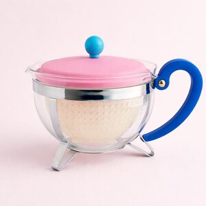 Vintage Bodum Chambord Glass Teapot 1.3L Pink Blue Colorblock 1990s Y2K image 5
