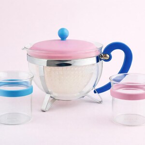 Vintage Bodum Chambord Glass Teapot 1.3L Pink Blue Colorblock 1990s Y2K image 10