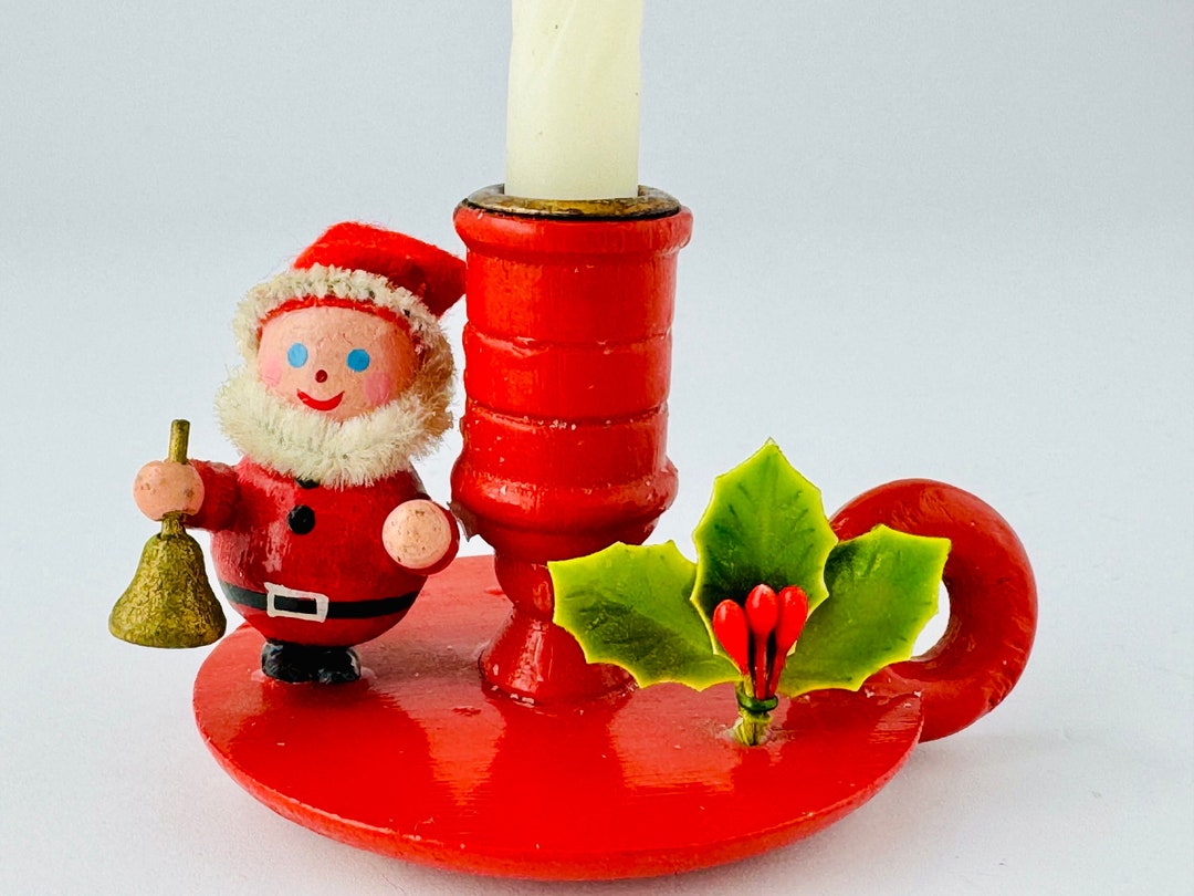 Scandinavian Red Wooden Candle Holder Charming Tomte and Holly Leaf Festive Nordic Christmas