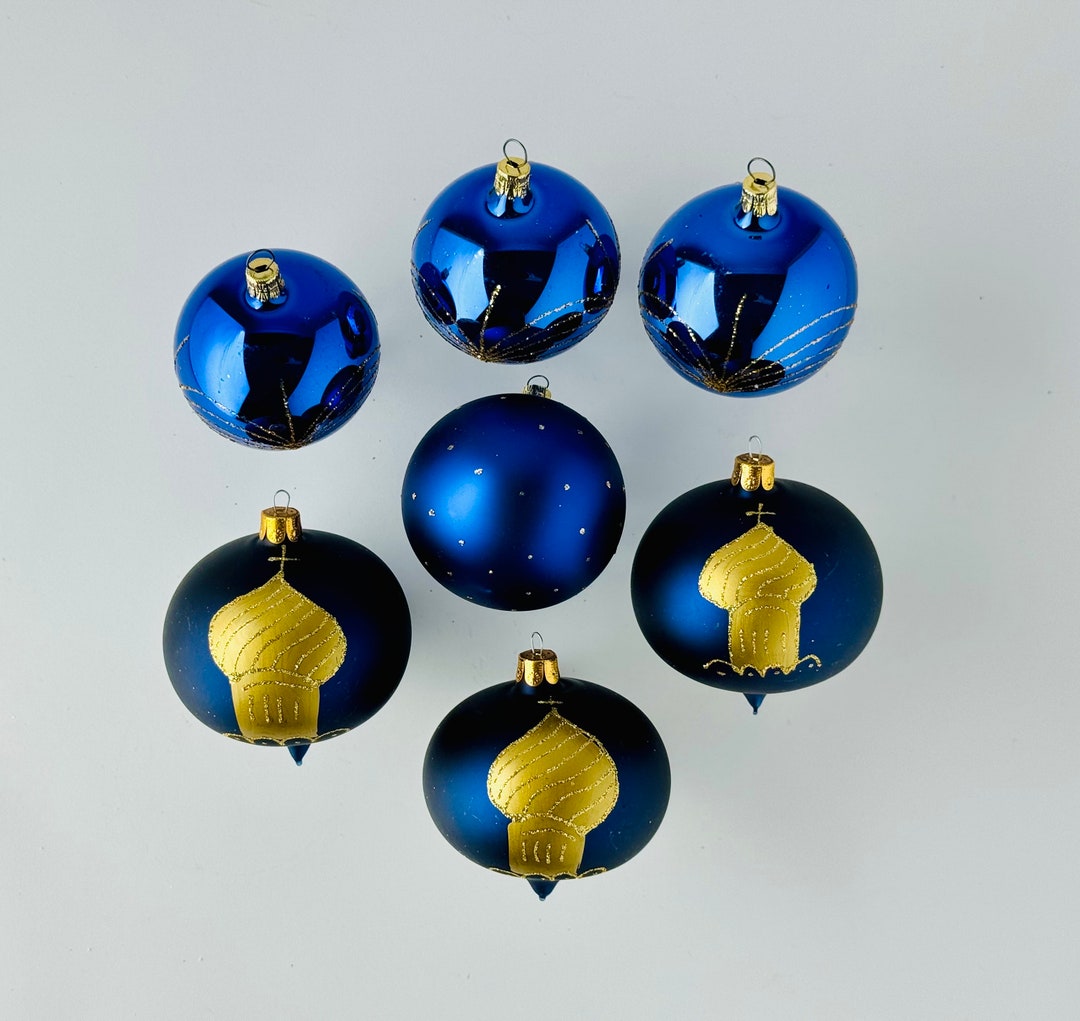Set of 7 Vintageinspired Dark Blue and Gold Glass Christmas Etsy