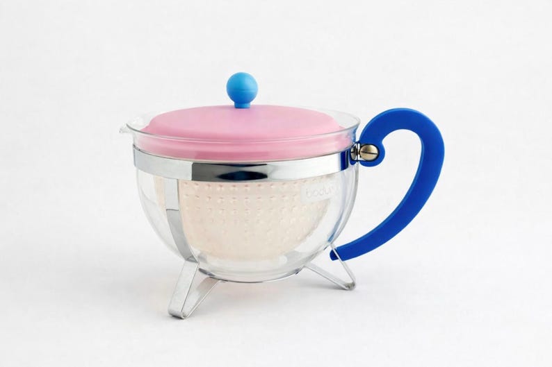 Vintage Bodum Chambord Glass Teapot 1.3L Pink Blue Colorblock 1990s Y2K image 1