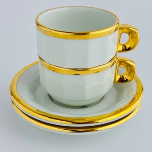 Rare Vintage Pillivuyt White & Gold Cup and Saucer Set – 24K Gilded Porcelain – French Bistro Coffee Cups – Elegant Gift Idea