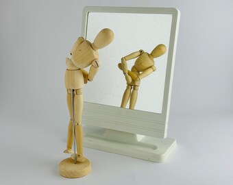 Vintage 1980s Tilting Makeup Mirror – Minimalist Plastic Vanity Mirror by Roedens Merchandisers, UK – Modern White Design with Storage Slot