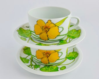 Vintage IKEA 2 Cups and Saucers Set, Marguerite Walfridsson Design, 1980s Floral Tableware