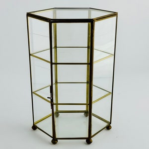 Vintage Gold Glass Curio Display Cabinet - Hollywood Regency Brass Vitrine Glass - Mid Century Modern