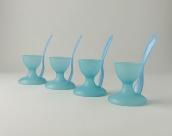 Vintage Bodum Egg Cups with Spoons - Set of 4 Light Blue Cups, Retro 90s Design, Swiss Made Breakfast Decor, Stylish & Functional