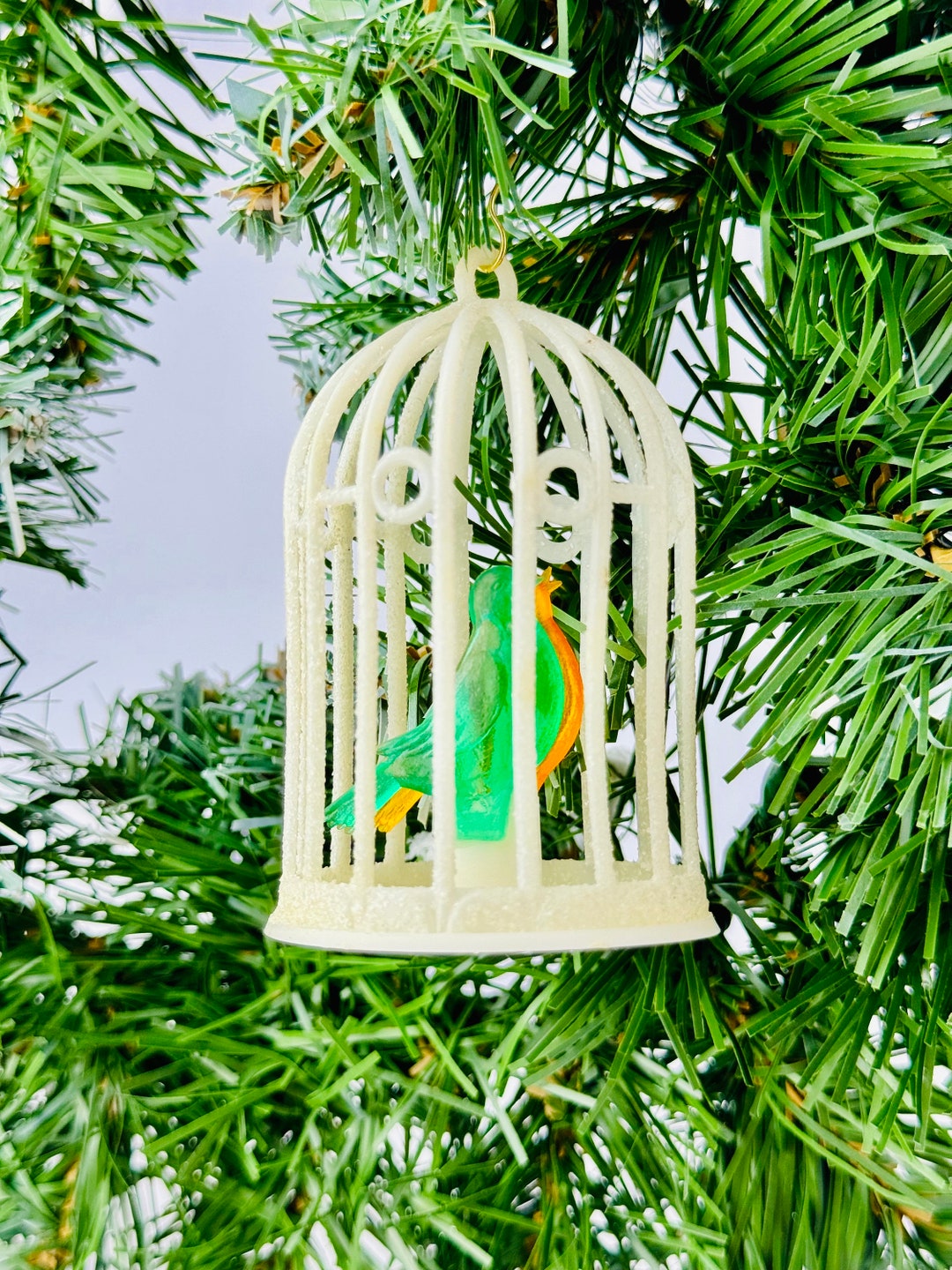 Vintage Birdcage Christmas Ornament With Canaries 1960s Holiday Decor