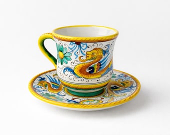 Italian Deruta Raffaellesco Cappuccino Cup and Saucer Hand Painted Ceramic